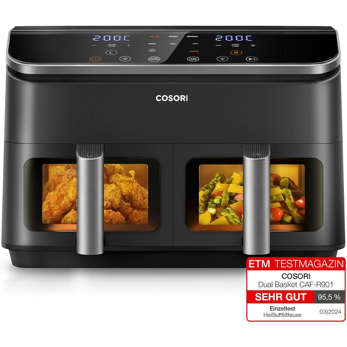 Фритюрниця з двома камерами COSORI Airfryer 8,5 л, 8-в-1, подвійна зона, з віконцем, енергозберігаюча, для 1-5 осіб, чорна