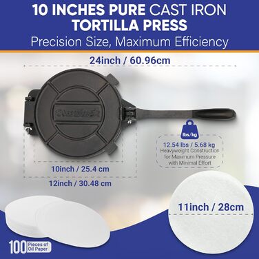 StarBlue Cast Iron Tortilla Press - 10 Inch with 100 Oil Sheets & Recipe eBook - Chapati, Roti, Tortilla Maker