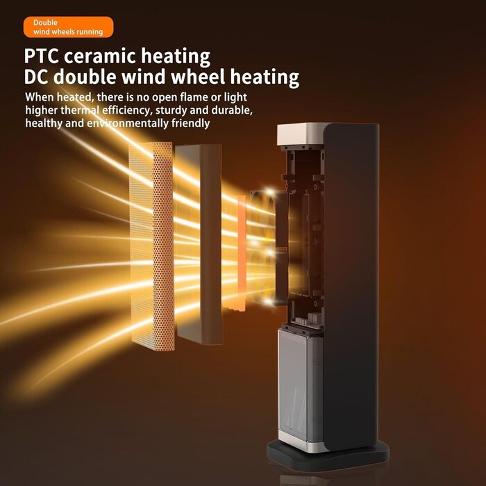 Електрична теплова гармата з пультом керування 2000W, 23 дюйми, 70° осциляція, 3D-полум'я, LED-дисплей, ECO-режим, таймер 12 годин - для дому, колір сріблястий