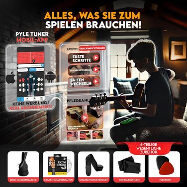 Акустична гітара Pyle для початківців, 3/4 розміру, інструмент для дітей та дорослих, 91.4 см, Sunburst, глянцевий