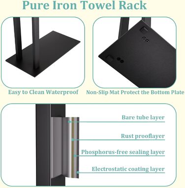 Підставка для рушників Yawinhe freestanding, підлоговий тримач для рушників та одягу з нержавіючої сталі, 2 стійки, чорний, 40x20x80см, SMJ003B