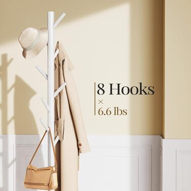 Freestanding Coat Rack with 3 Adjustable Heights & 8 Hooks, Sturdy Wooden Clothes Rack for Clothing, Hat, Used in Bedroom/Office/Entryway, White