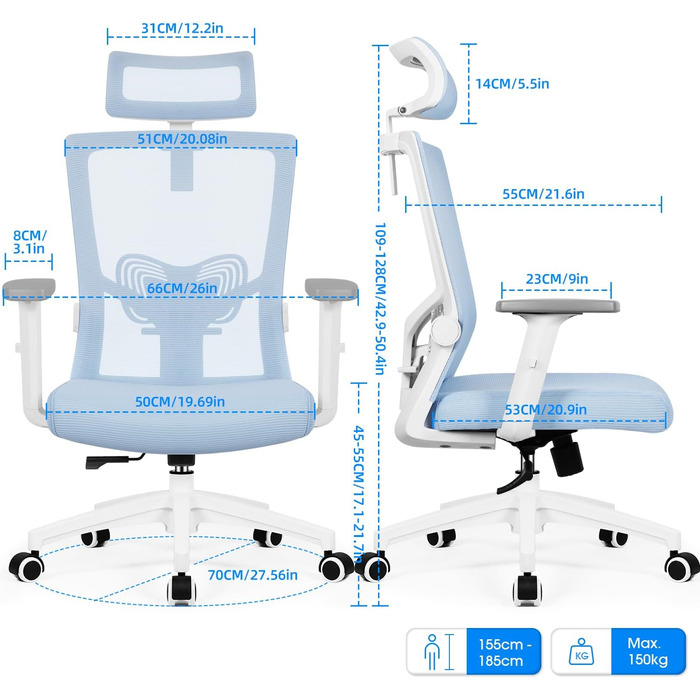 Ергономічне крісло Daccormax для офісу: регульована підголовник, підлокітники, підтримка попереку, поворотний механізм, функція гойдання, дихаюча сітка, для спини, до 150 кг (Блакитний)