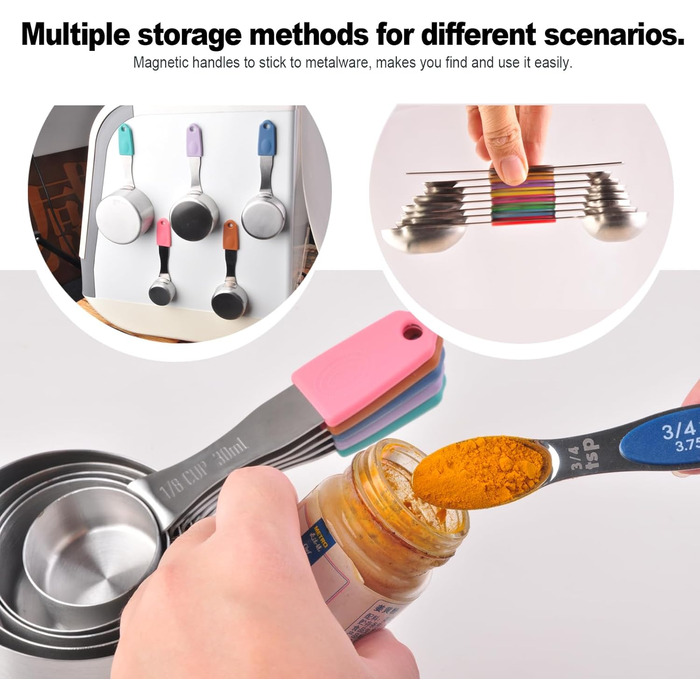 Magnetic measuring cup and spoon set, stainless steel, 5 cups and 7 spoons, with leveler (multicolored)