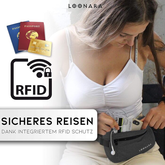 Чоловіча/жіноча поясна сумка на пояс з RFID захистом (водостійка) - поясний ремінь для безпеки в подорожах. Підходить для спорту, бігу та подорожей (сіра)