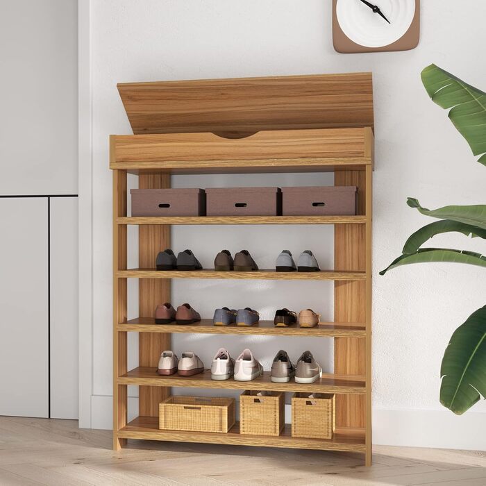 Soges 5-Tier Shoe Rack Shoe Cabinet Wood, 75 x 30 x 94.5 cm Shoe Storage Shoe Stand for Living Room, Entrance Hall, Hallway, Teak