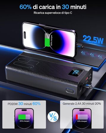Power Bank 50000 mAh з вбудованим кабелем, швидка зарядка 22.5W, LED ліхтарик, 7 портів (3 входи) - портативний акумулятор