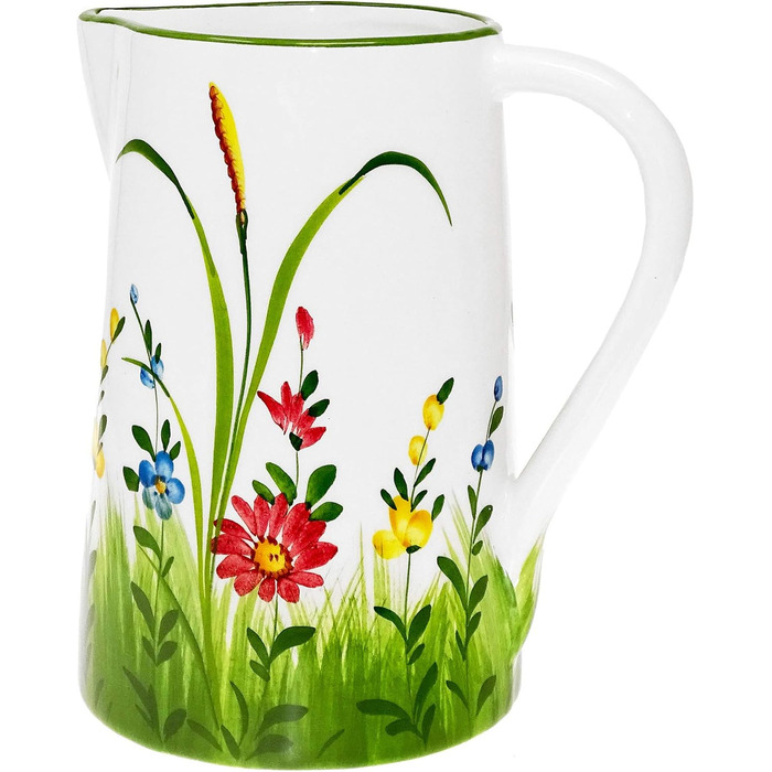 Handmade Italian Ceramic Pitcher Large, Jug with Wildflower Pattern, Pitcher with Handle Height 19 cm, Capacity 1.5 l