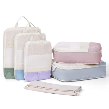 Набір органайзерів для валізи Narwey (6 шт.) - кубики для пакування з компресією, бежевий. Організація подорожей та зручне пакування речей.