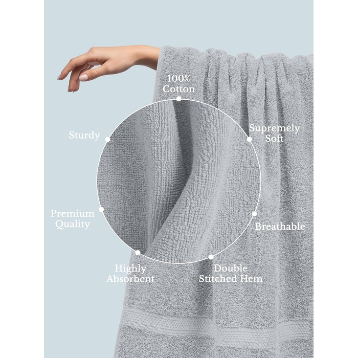 Набір банних рушників Utopia Towels (4 шт.), 69 x 137 см, 100% бавовна, гігроскопічні м'які рушники для душу з петлею для підвішування, колір: світло-сірий