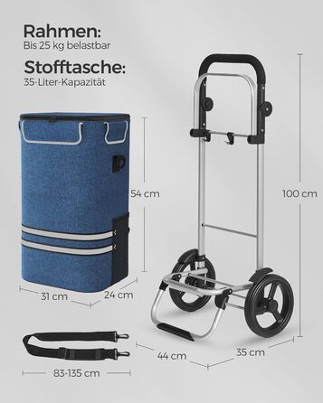 SONGMICS Shopping Trolley, Cart, Shopping Cart with Cooler Compartment, Large, 35 Liter, Foldable, Shopping Bag with Wheels, Detachable Bag, KST03BK (Blue)