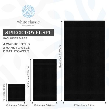 Набір розкішних рушників для ванної кімнати White Classic (8 предметів), 100% турецька бавовна, чорні: 2 великі банні рушники (700 г/м²), 2 рушники для рук, 4 серветки