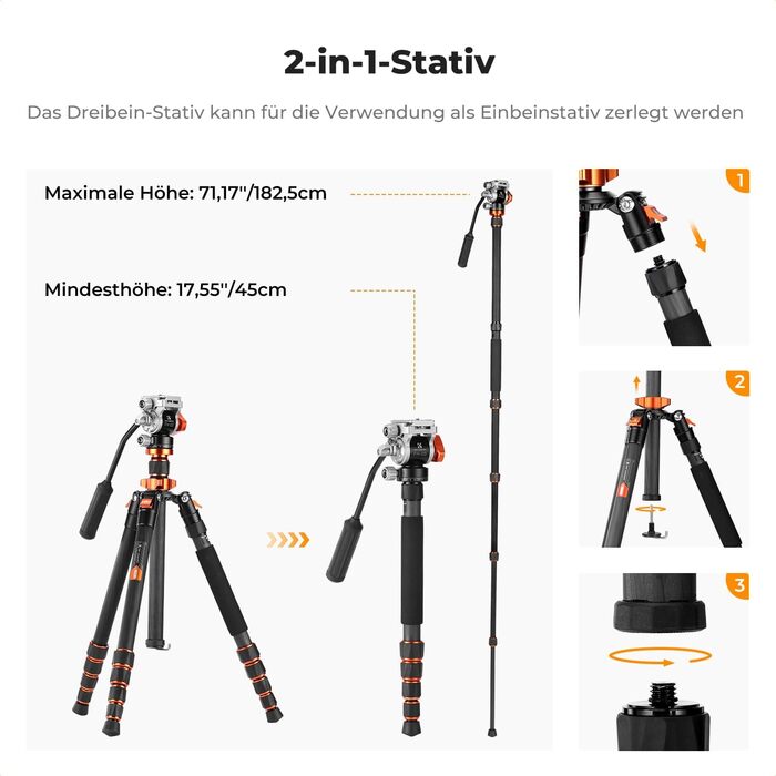 Штатив K&F Concept T254A7+BH-28L для камери: професійний, 230 см, з рідинною головкою