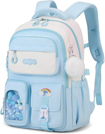 Шкільний рюкзак для дівчаток-підлітків з помпоном, тролейова петля та світловідбивачі. Великий рюкзак для школи та подорожей (блакитний).