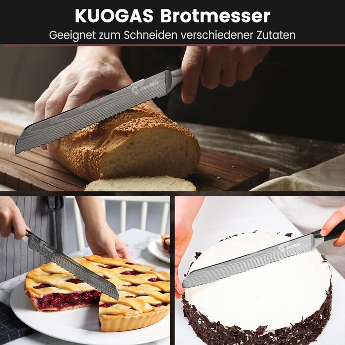 KUOGAS Хлібний ніж з хвилястим лезом 20 см з високоякісної нержавіючої сталі, надгостре лезо з ергономічною ручкою з паккавуду