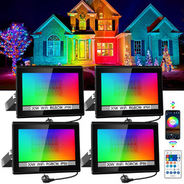 LED Floodlights Outdoor, 100W Smart RGB Floodlights with Remote Control and Bluetooth App, LED Floodlight Spotlights Color Changing Floodlights, IP66 Waterproof Floodlights for Gardens, Courtyards (2 Pack) (30w-rgb-app-4p)