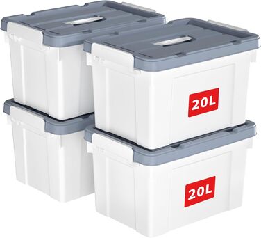 Cetomo Plastic Storage Box with Durable Lid and Safety Closure, Stackable and Nestable, 3-Pack White (20L * 4)