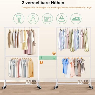 MISSLO Heavy-Duty Clothes Rack Double, Metal Clothes Rail on Wheels Stable Mobile Coat Rack for Coats, Shirts (White)