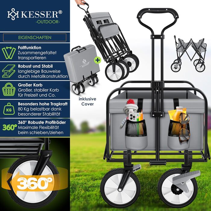 KESSER® Folding Bollerwagen (Hand Cart, Transport Cart) - Max. 150kg Load Capacity & 360° PVC Tires - Utility Wagon including 2 Mesh Bags, Side Pocket & Cover - Transport Cart, Garden Trailer without Roof, Blue (Grey / Black)