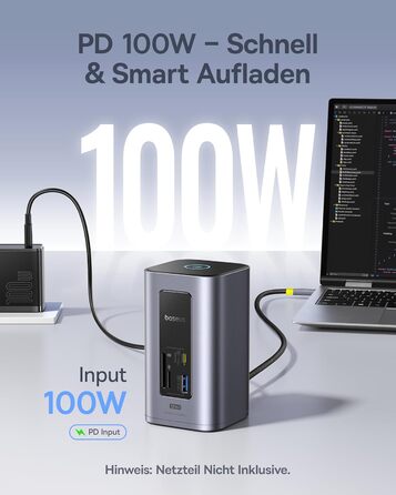Базаус Док-станція USB-C 12-в-1 для ноутбуків Dell/HP/Lenovo/Asus/Acer/Mac: 2 монітори 4K HDMI, 10Gbps USB-C/A, 100W PD, Gigabit Ethernet