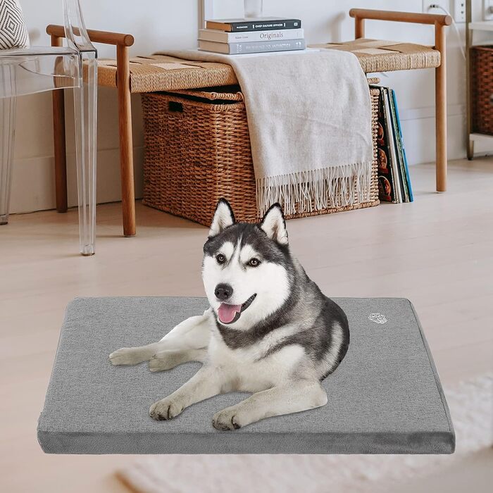 EMPSIGN Dog Bed for Large Dogs, Washable Dog Cushion, Waterproof Dog Bed L 89x56cmx7.6cm, Dog Cushion Suitable for Cages, Dog Mat with Removable and Washable Cover for Large Dogs, Grey