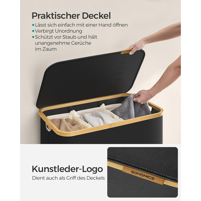 Laundry Basket, 3 compartments, 150 L, foldable, removable bag, Oxford fabric, bamboo, 60x38.5x70.5 cm