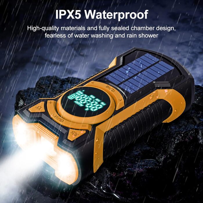 Радіо на сонячній батареї з ручкою, 5000mAh, Bluetooth, USB, FM/AM, SOS-сигнал, ліхтарик, IPX5, для кемпінгу та надзвичайних ситуацій