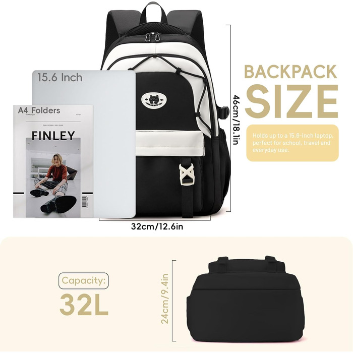 Рюкзак Tanou для школи, 30L, нейлон, для дівчаток 3-9 класів, з тролейовою петлею та брелоком, чорний