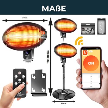 Інфрачервовий обігрівач KESSER® 2000W з Wi-Fi та пультом дистанційного керування, 360° обертання, регулювання висоти, підставка та настінний монтаж, захист від перекидання, IPX4 вологозахист для тераси, балкону та саду
