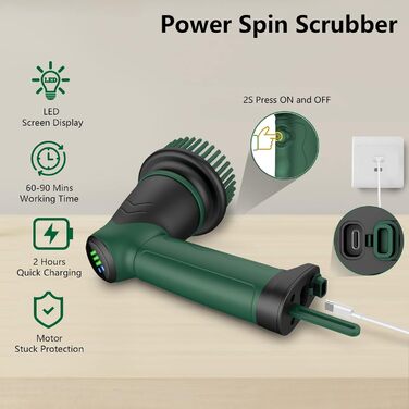 Electric cleaning brush, Cleaning Brush with 6 interchangeable cleaning heads, Spin Scrubber 2 speeds, Scrubber for bathroom, tile floor and car, LED display