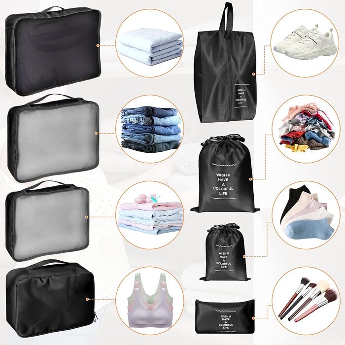 Органайзер для валізи Zorplex, набір 10 шт: кубики для пакування, аксесуари для подорожей, чохли для одягу, взуття та косметики (чорний)