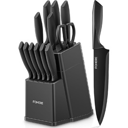 FOHERE 13-Piece Knife Set with Block - Stainless Steel Kitchen Knife Set with Sharpener, Ergonomic Grey Matte Handles