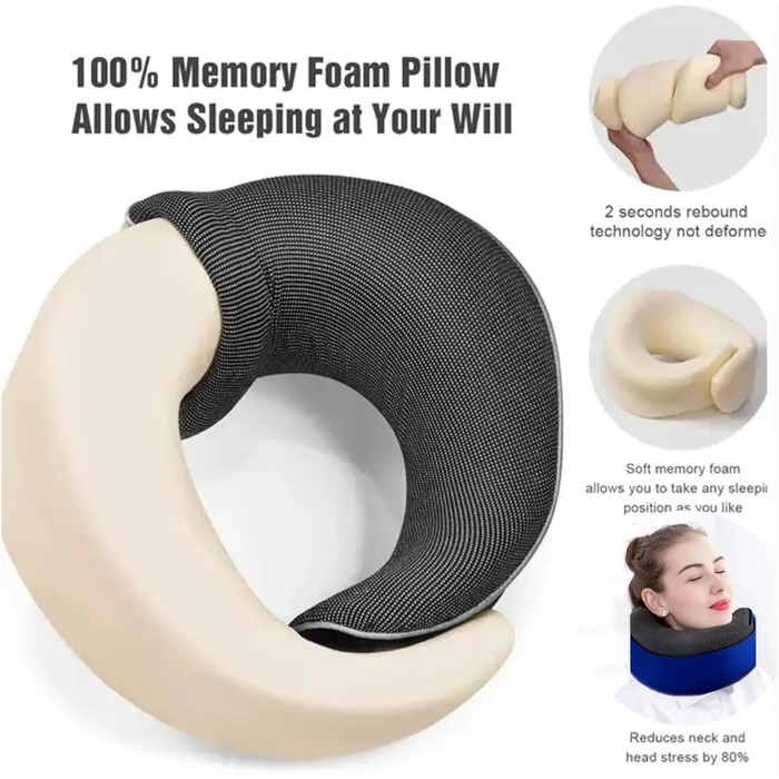 Подушка для шиї у літак, Memory Foam, доросла, регульована, компактна, ергономічна, сіра (блакитна)