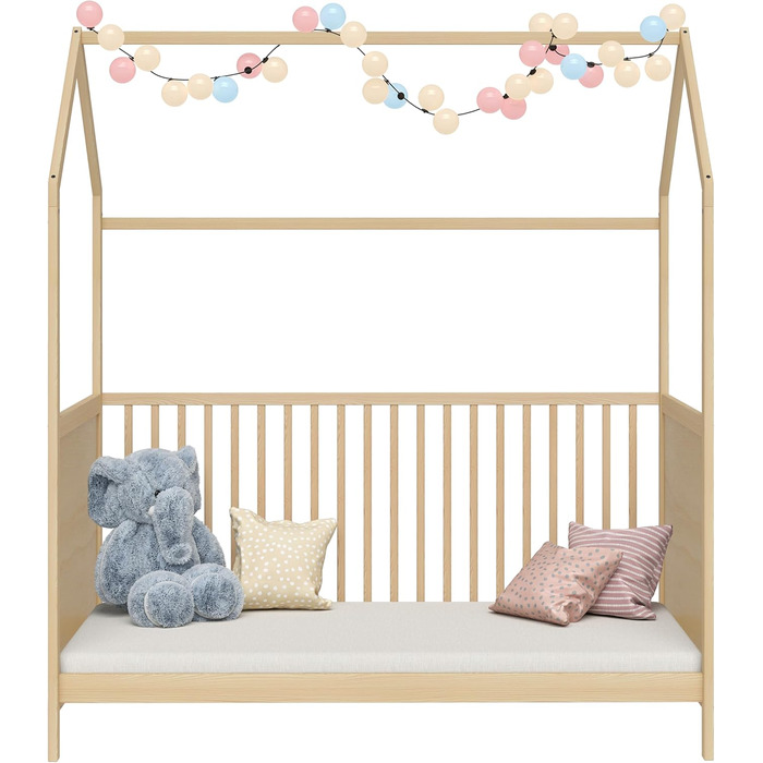 Bellabino Nika Babybett in House Design 70 x 140 cm, cot and house bed for children and babies made of solid pine wood in natural finish, 3-fold height adjustable including slatted base.