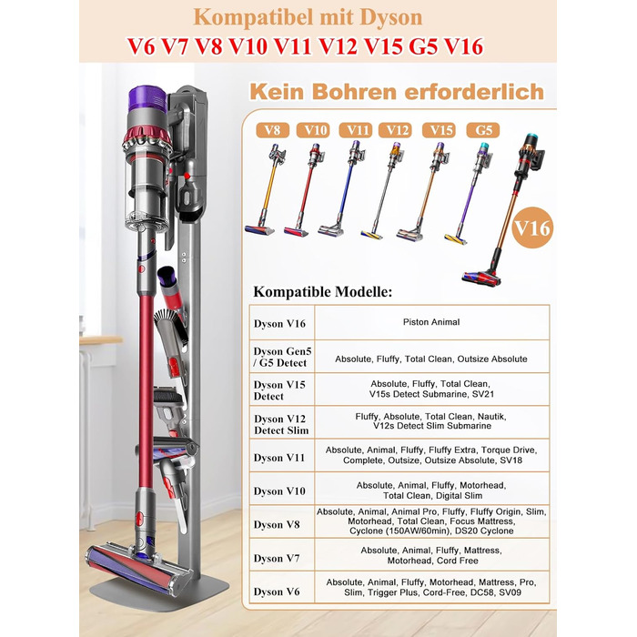 Стійка для пилососа Dyson V6-V16 (Gen5) – металева підставка з 4 гаками, настінне кріплення без свердління, срібляста