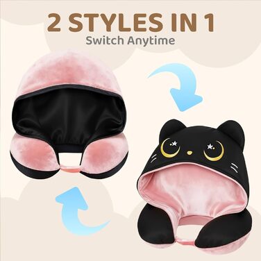 Подушка для шиї Mewaii з капюшоном, двостороння, для дітей та дорослих, милий дизайн котика, захист приватності, м'яка піна Memory Foam, подушка для подорожей на літаку та в авто (Рожева)