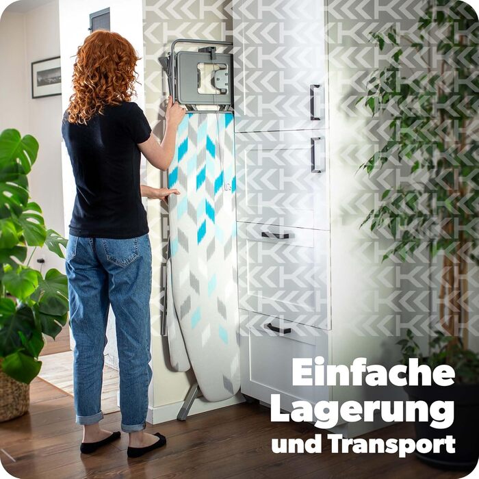 Прасувальна дошка KADAX з підставкою для рукавів 130x41 см, поверхня для прасування 53x13 см, з відсіком для праски та розеткою, складана прасувальна станція з парогенератором, Made in EU (Блакитна)