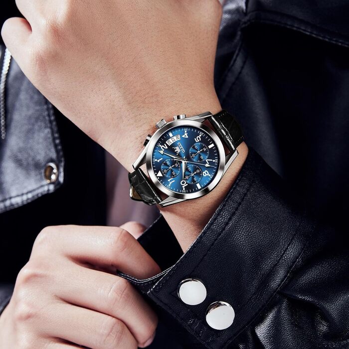 Годинник чоловічий OLEVS Vintage з шкіряним ремінцем, велике циферблат, водостійкий, з датою (2878, блакитний циферблат/чорний ремінець)