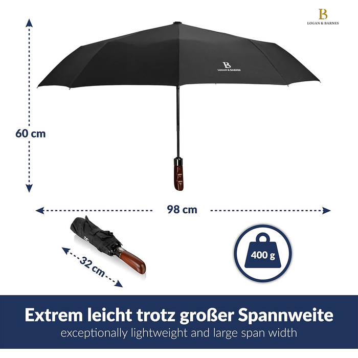 Чорний парасолька LOGAN & BARNES Dublin: штормостійкий, з дерев'яною ручкою та тефлоновим покриттям