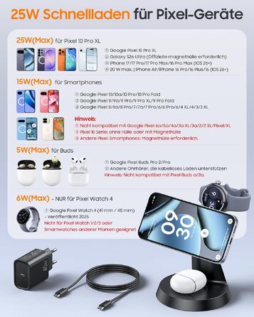 Бездротова зарядна станція 3 в 1 Meifigno 25W для Google Pixel Watch 5 та 4, чорна