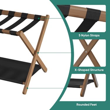 Smuxee Walnut Bamboo Luggage Rack for Guest Rooms, Folding Suitcase Stand with Storage Shelf, Lightweight Assembled Luggage Rack with 5 Nylon Straps for Guest Rooms Bedrooms Hotel