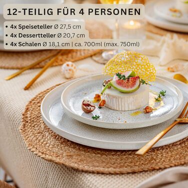 SÄNGER | Korfu Dinner Set 12 pcs, Tableware Service for 4 People, Stoneware Dishes Handmade, Plate Set including Dinner Plates, Dessert Plates, Deep Plates, Cream Colors with Sandy Texture | PREMIUM COLLECTION Korfu Tableware Service 12 pcs