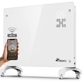 Скляний конвектор TRESKO 1500W з WiFi та керуванням через додаток, настінний та підлоговий електричний обігрівач, білий