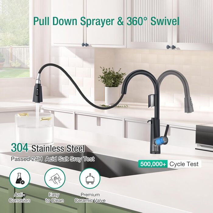 Кран кухонний CREA Wasserfall висувний з дозатором мила, нержавіюча сталь, 360° оберт, 4 режими, матовий чорний