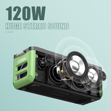 Ortizan Bluetooth колонка портативна 80 Вт, IPX7 водонепроникна, LED підсвітка, 12 год. роботи, Powerbank, стерео-з'єднання, зелено-чорна