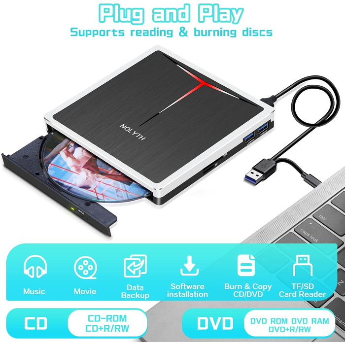 Зовнішній DVD-привід та записувач для ноутбука, Plug and Play USB DVD-бредер