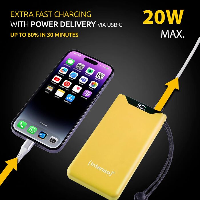 Powerbank Intenso F10000: акумулятор 10000 mAh з PD 20W та QC 18W, USB-C та USB-A, жовтий
