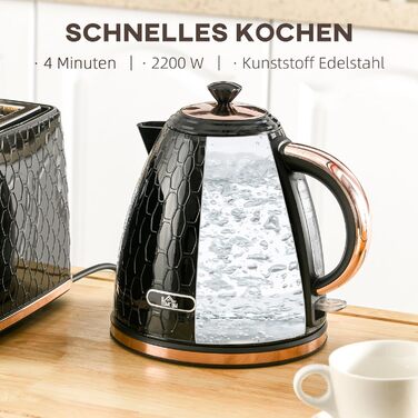 Електричний чайник HOMCOM 1.7 л, нержавіюча сталь, 360° обертання, фільтр від накипу, захист від сухого кипіння, автоматичне відключення, BPA Free, 2200W, чорний