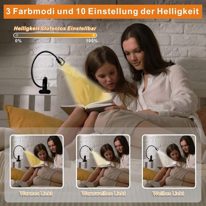 Світлодіодна приліжкова лампа з кліпсою Zoombare: диммер, гнучкий гусак, 3 режими світла, 10 рівнів яскравості, чорна