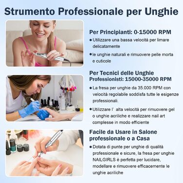 Електрична машинка для манікюру та педикюру Nailgirls 11 в 1 з LED-дисплеєм та педаллю, 35000 об/хв, для гелю та акрилу